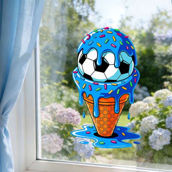 Soccer Ball Window Clings Ice Cream Ball PVC Decals Removable Static Glass Sticker for Bedroom Living Room Office Sports Bar Decor