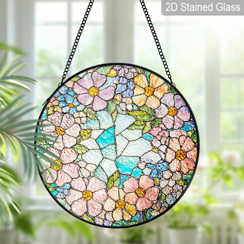 2D Flat Stained Glass Floral Window Decoration Colored Glass Plate, Charming Spring Summer Sun Catcher Home Livingroom Garden Decor, Unique Holiday