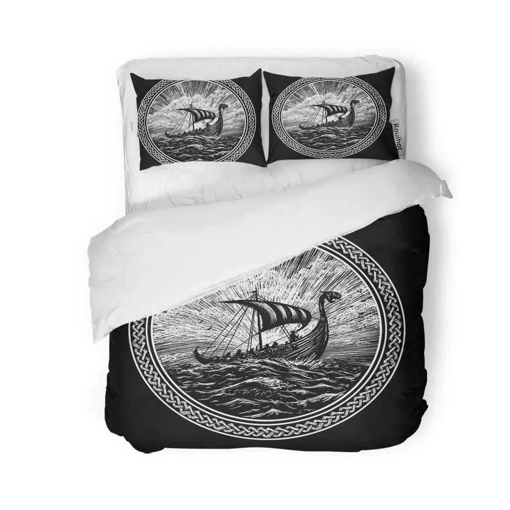 Wikinger Vintage King Queen Bettbezug Nordischer Mythos Bettwäsche Set Mittelalter Folklore Totem Quiltbezug Grau Polyester Bettbezug