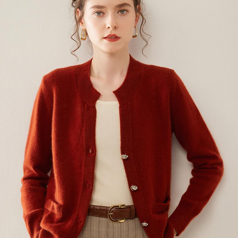 Women's Cashmere Knit Cardigan - Autumn/Winter, Single-Breasted, Round Neck, Loose Fit, Slimming, Solid Color.