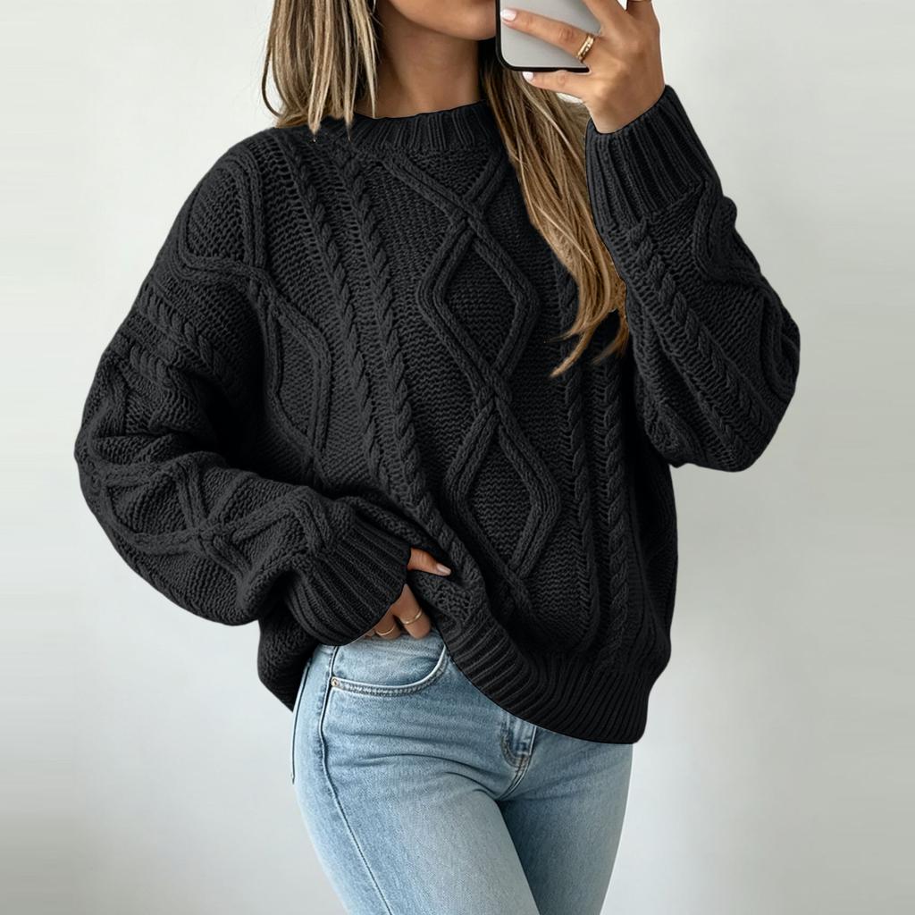 Women's Cable Knit Pullover Sweater - Loose Fit Neck Casual Top for Everyday Wear