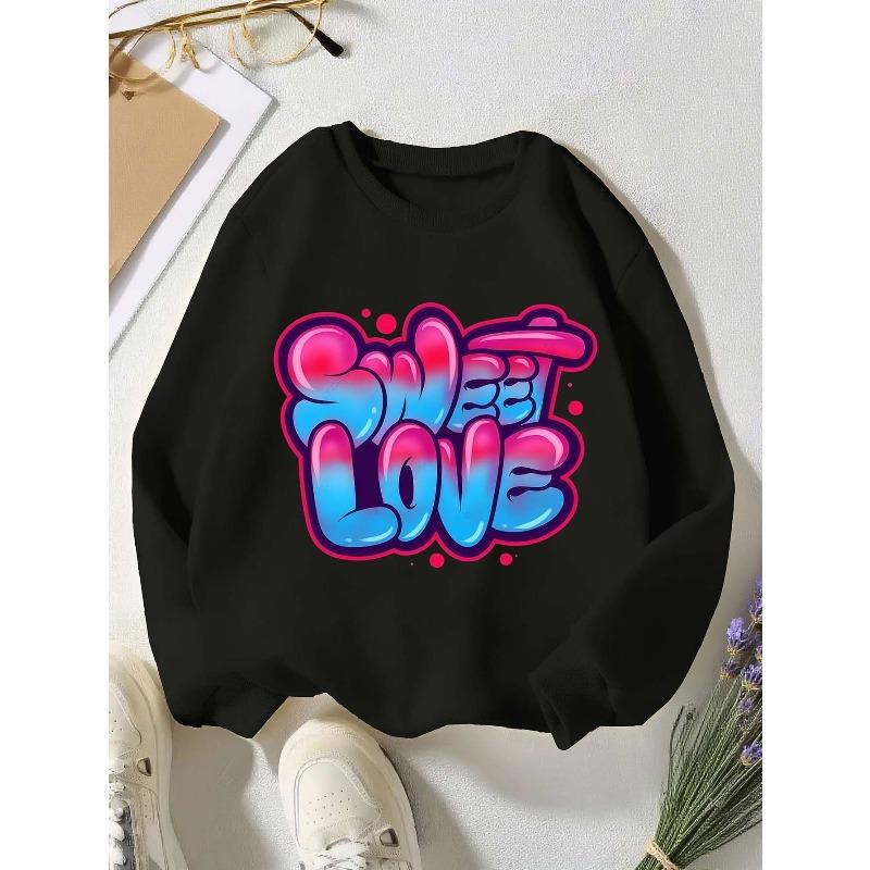 European sizes Creative Collage of English Letters Sweet Love, a Cozy And Easy Round-Neck Sweatshirt for Kids Featuring Animated Prints 110 чёрный
