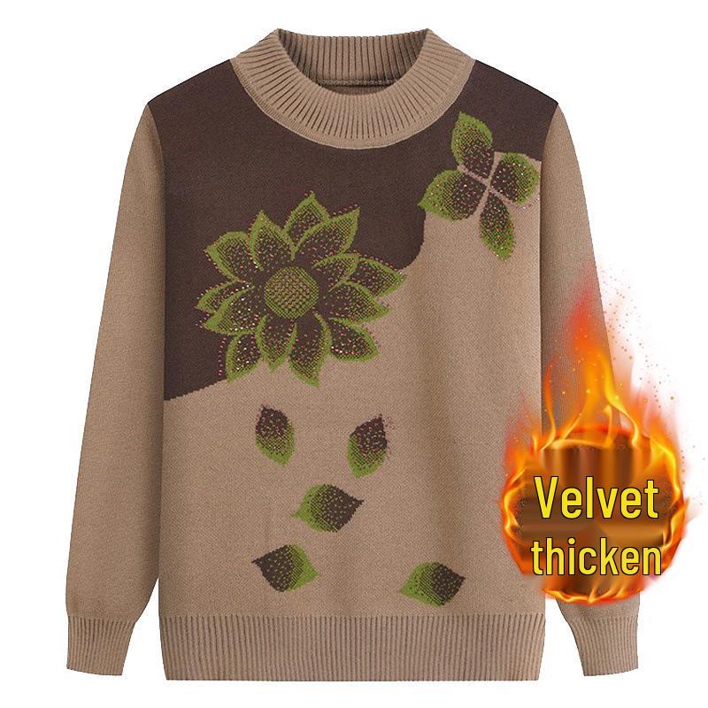 Plus Size Knitted Sweater for Women: Thickened Velvet Autumn and Winter Coat for Middle-Aged & Elderly