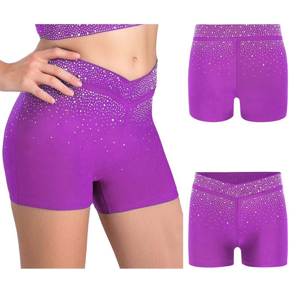Kids Performance Shorts with Sparkling Rhinestones V-Front Elastic Waistband for Dance Gymnastics