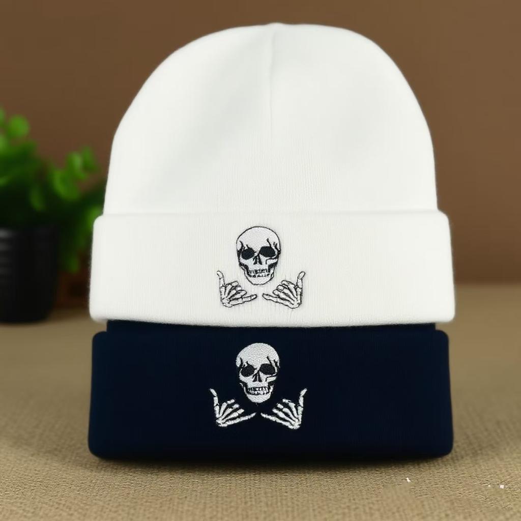 Heiß verkaufende gestrickte Mütze mit Totenkopf-Stickerei für Damen und Herren, vielseitig im Herbst und Winter, warme Strickmütze gegen Kälte, verdickte Wollmütze