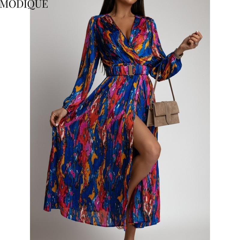 MODIQUE 2025 Summer New Women's Sexy Vintage Hot Floral Printing Waist Flowing Long Dress Ladies Folk Casual Long Sleeve Deep V-Neck Dress