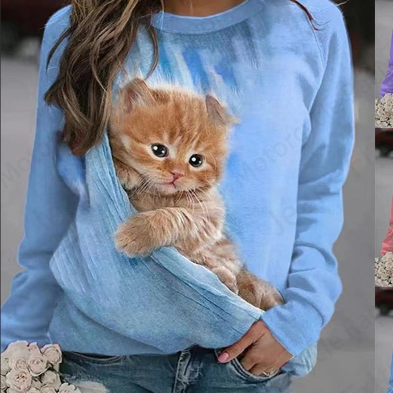 Autumn Long Sleeved Shirt Loose Casual Women's T-shirt Cute Cat Dog Print Fashionable Daily Comfortable Commuting T-shirt