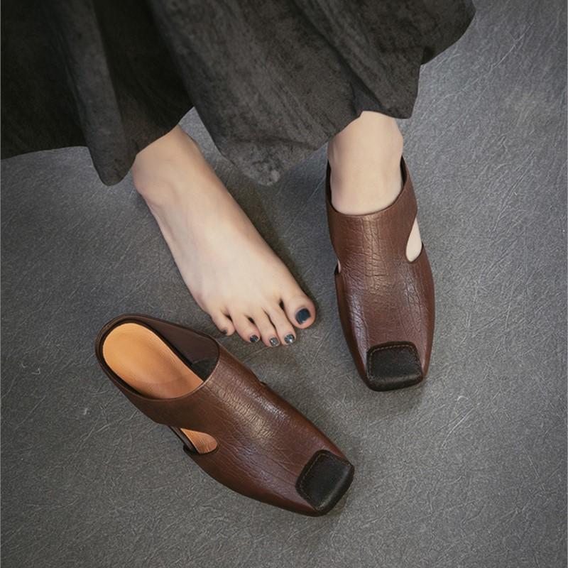 Johnature Retro Square Toe Thick Heel Fashion Slippers Breathable And Versatile Genuine Leather Women's Shoes
