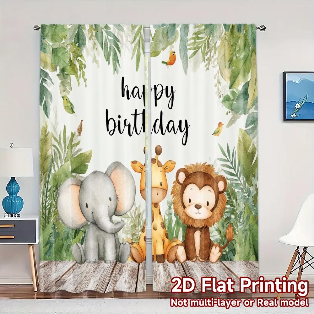 

Set Of 2 Minimalist Flat Printing Curtains Without Rod Jungle Celebration Chic Polyester Easy Install Curtain Made W100*H70(CM)-Hooks&1PCS