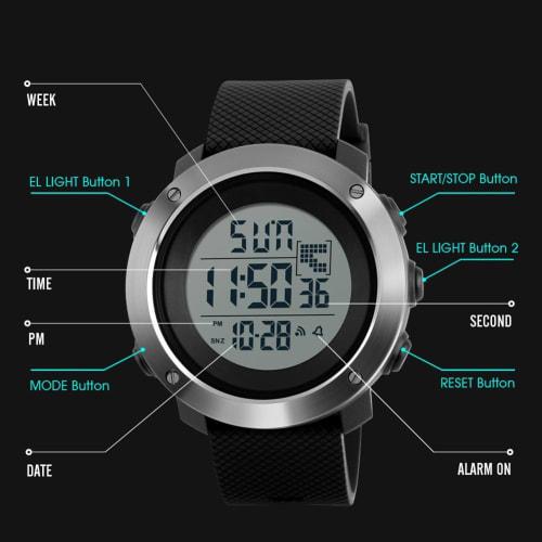 Men's Digital Sports Watch with LED, 24-Hour Display, Alarm, Stopwatch, Dual Time Zones, Countdown Function, EL Backlight, Calendar, and Date Window,