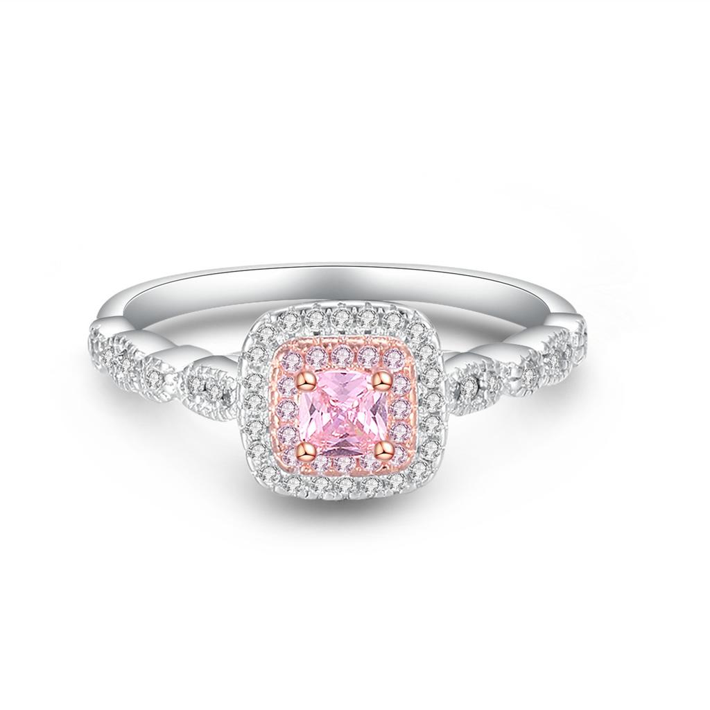 Pink Color Square Diamond Micro-setting Simulation Diamond Ring Princess Ladies Ball Edge Women's Ring