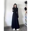 Schwarzes Langarmkleid im Hepburn-Stil: Elegantes französisches Design für Damen - Frühher Herbst, Figurschmeichelnde Taillenbetonung