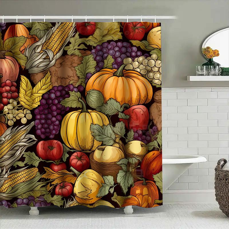 

Tuniu Autumn Harvest Shower Curtain Pumpkin Corn Grapes Leaves Design Decorative Bathroom Curtain W60H190(CM)-1 Pcs