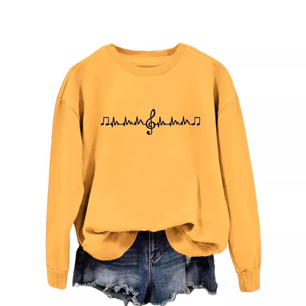 Avrupa & Amerikan Moda Sekizinci Nota Baskılı Çok Yönlü Yuvarlak Yaka Kapüşonlu Sweatshirt - Sonbahar Konforu