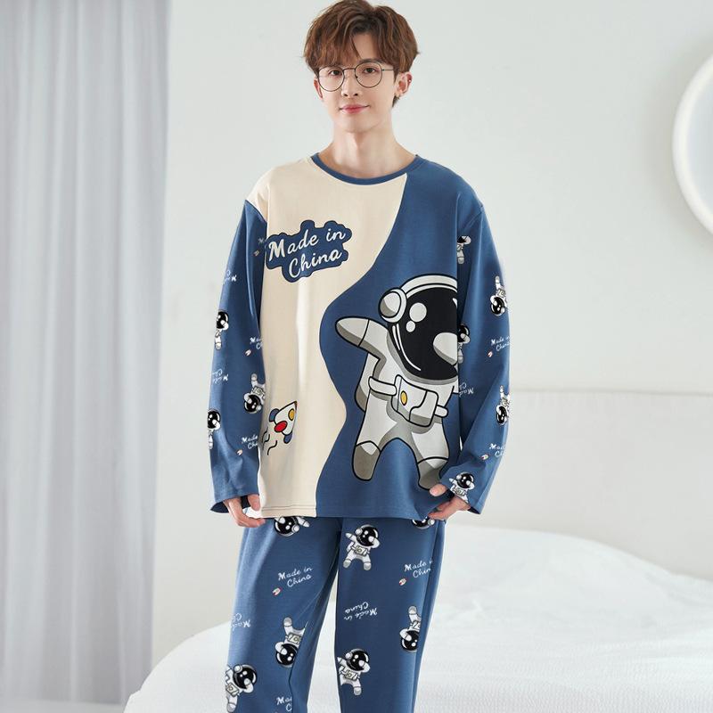 Spring and Autumn Men's New Pajamas Homewear Suit Teenage Sports Long-Sleeved Loose Leisure Large Size Pajamas Homewear Suit