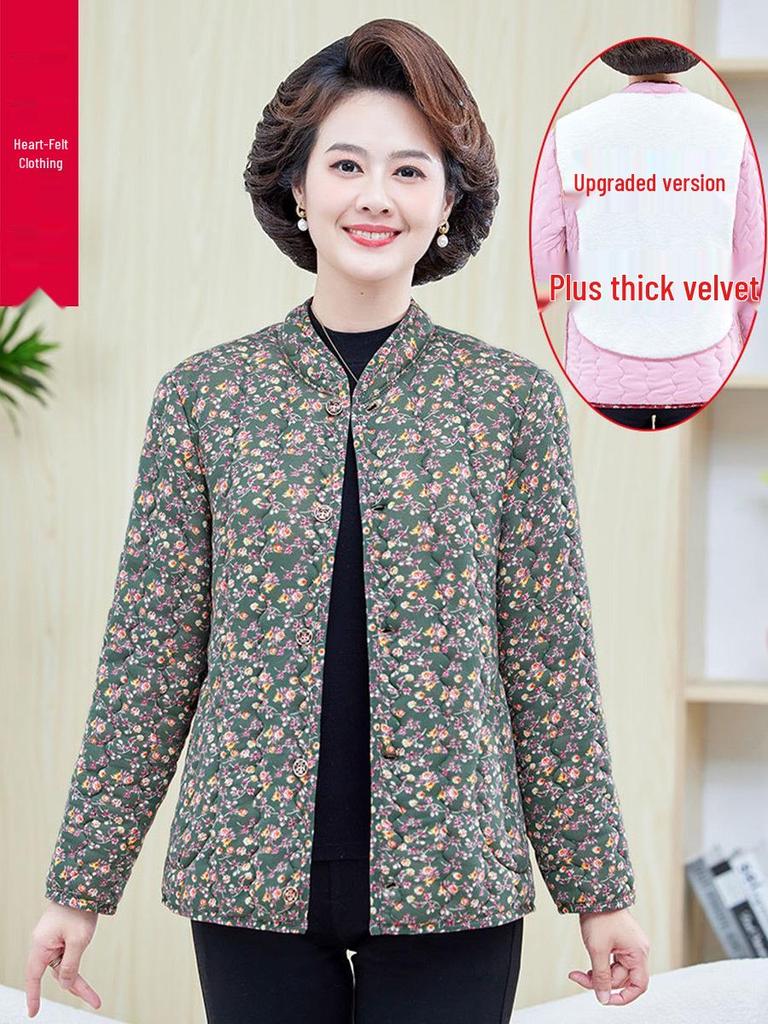Mom's Floral Plush Winter Jacket - Thickened Cotton, Lightweight for Mid-Aged & Elderly
