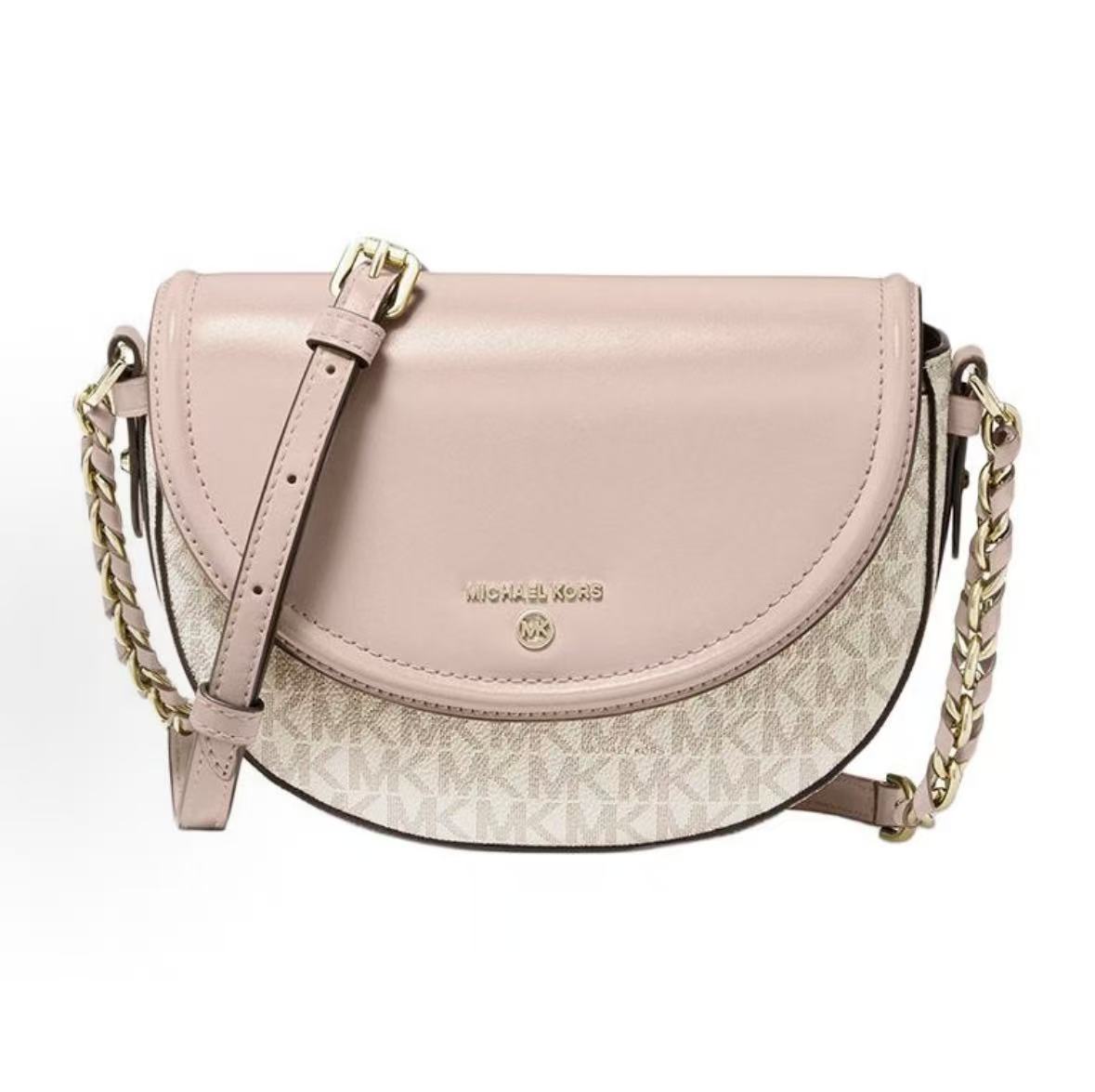 

Michael Kors Mk Jet Set Charm Classic Monogram Color Block Leather Saddle Bag Medium Women Shoulder Bag Vanilla-White Nude-Pink 32T0GT9C6B-173 Basic Set (Bag+Dust Bag)