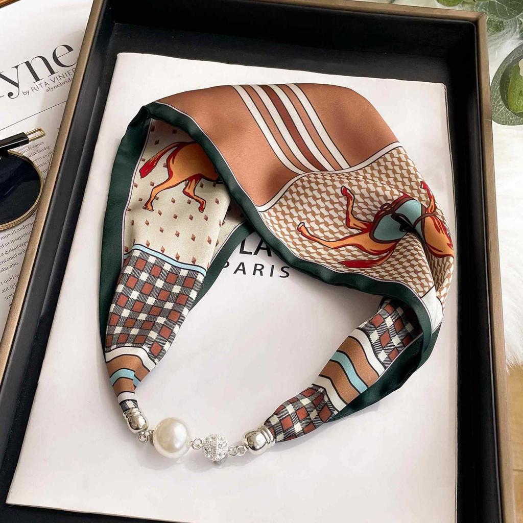 Pearl magnetic silk scarf Women's long necklace Scarf Neck protection Small scarf Long strip Fashion versatile with shirt scarf