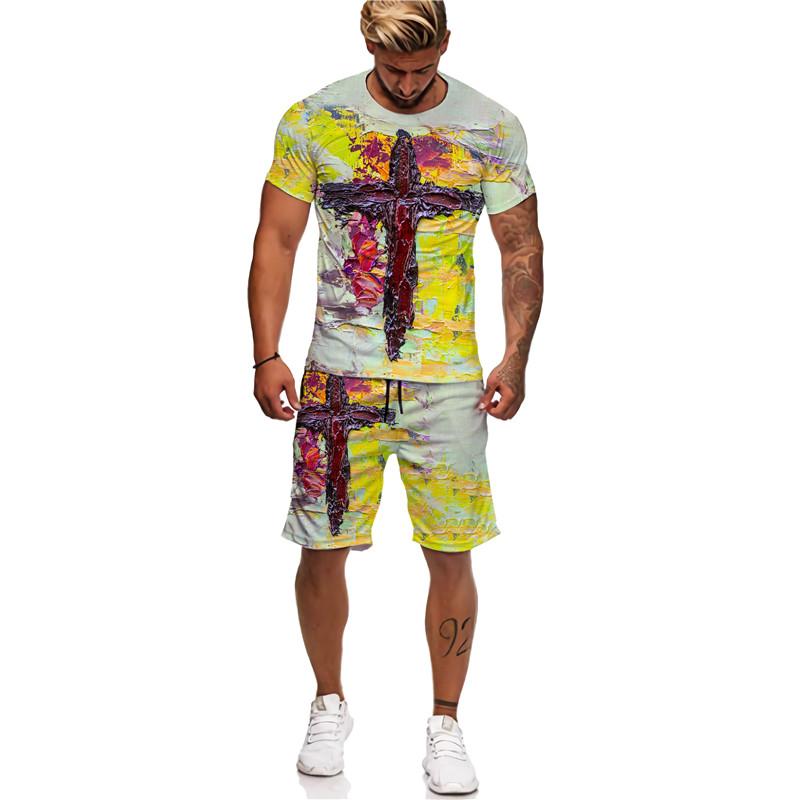 3D Jesus Loves Everyone Křesťanské tričko Léto Pánský oblek Krátký rukáv Šortky Lion Cross Print Streetwear 2 kusy Activewear