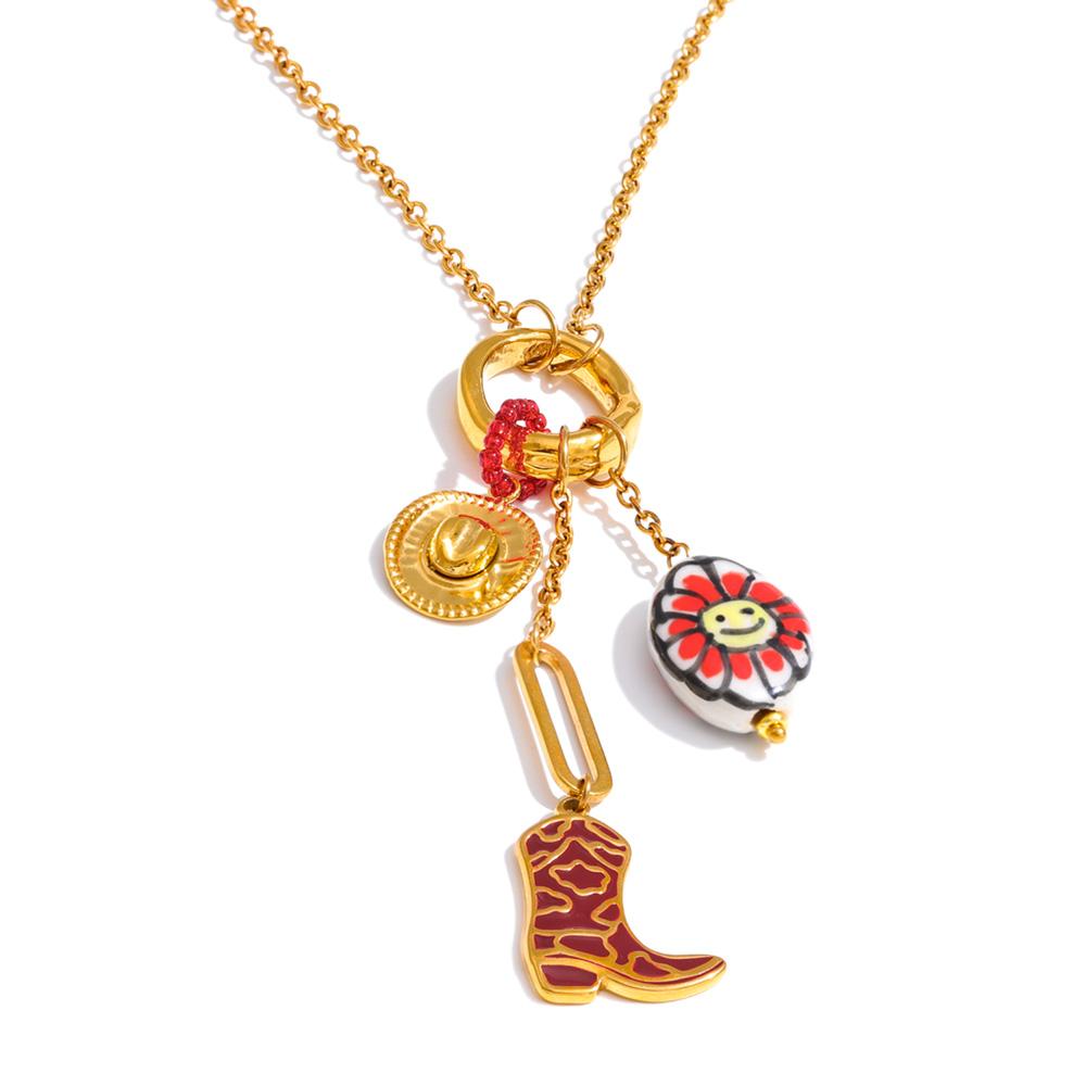

Yhpup 80+5cm Stainless Steel Ceramic Flower Shoes Pendant Long Necklace Stylish Unique Statement Neck Jewelry Handmade Bijoux