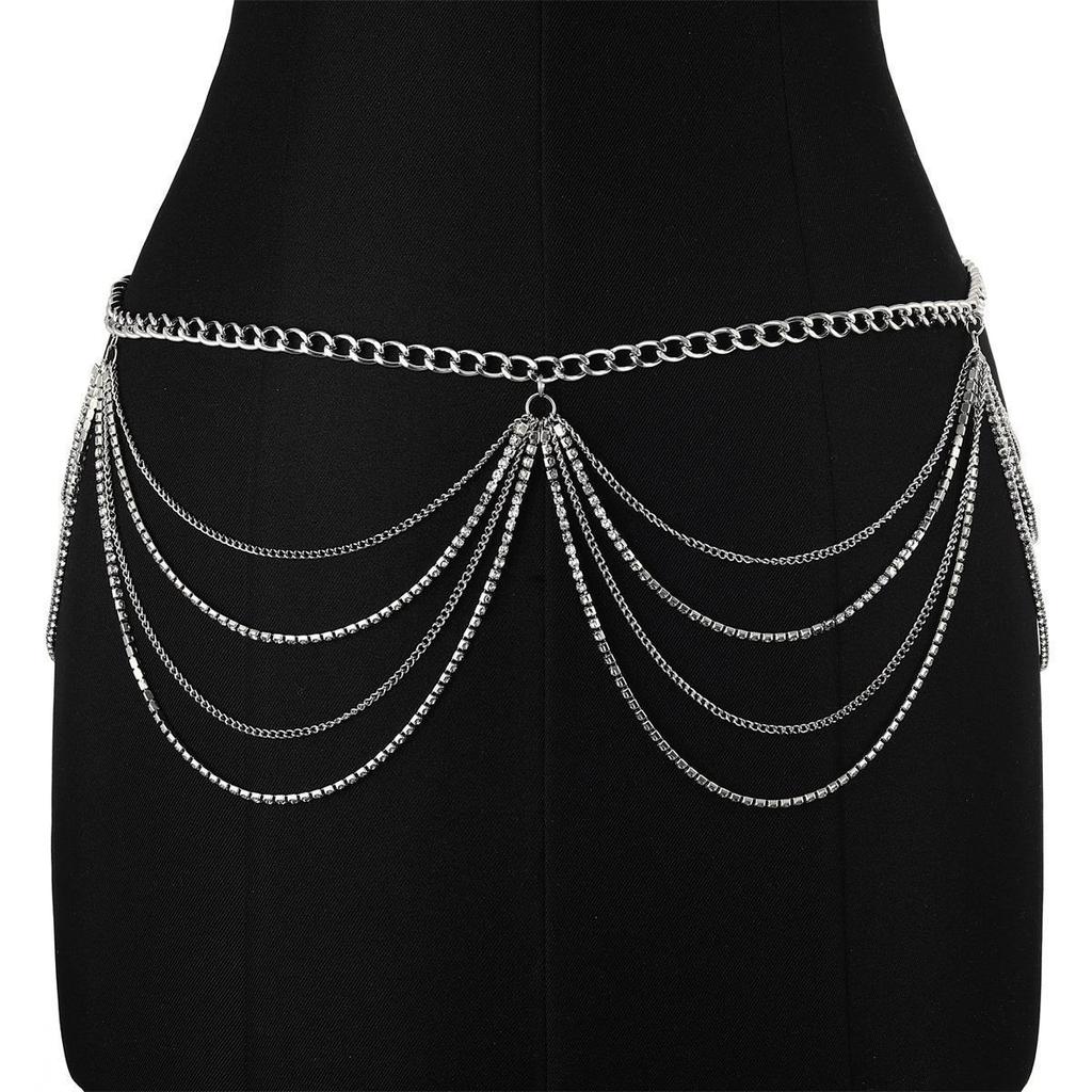 Fashion Versatile Metal Rhinestone Chain Tassel Waist Women's Bikini Decoration Nightclub Rock Body Chain