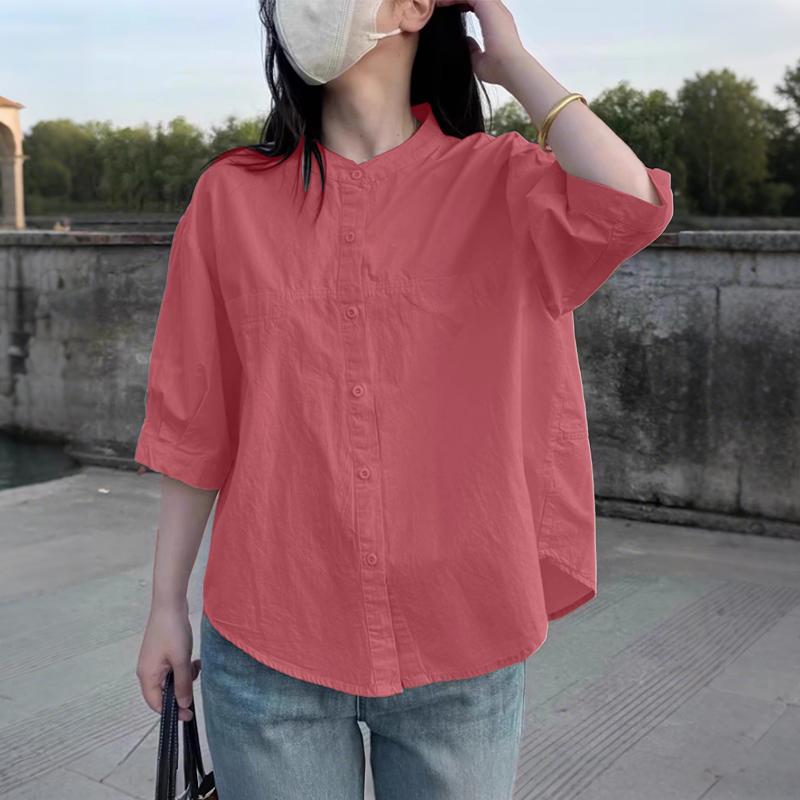 ZANZEA Women Casual Stand Collar Solid Color Half Sleeve Blouse