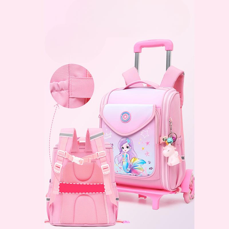 Jenter Slanking Ned Belastning og Beskytter Ryggsøylen Barneskoleelev Trekkevogn Skolesekk Tegneserie Ryggsekk