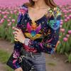 Women's Winter Slim-Fit Base Layer T-Shirt Fashionable  Print V-Neck Pullover Long-Sleeved Top