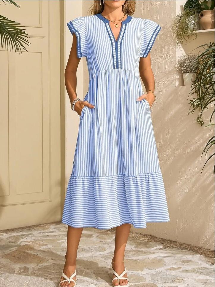 2026 European and American fashion new women s striped double frilly short-sleeved contrasting color V-neck skirt women s clothing S