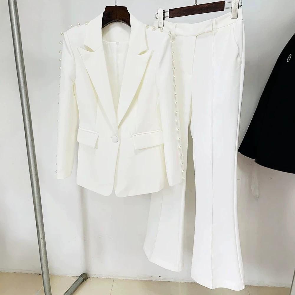 Luxury White Suits Women Formal Party Beaded Prom Blazer Singel Breasted Jacket Pants 2 Pieces Mother Of Bride Dress
