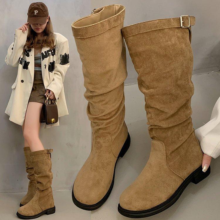 Cowhide Edition~ Maillard Western Cowboy Boots Women's Retro Folded Skinny Pile Boots Frosted Suede Flat Bottom Boots