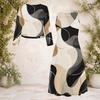 Women Plus Size Abstract Printed Two Piece Set Round Neck Long Sleeve Cropped Cardigan Sleeveless Midi Dress