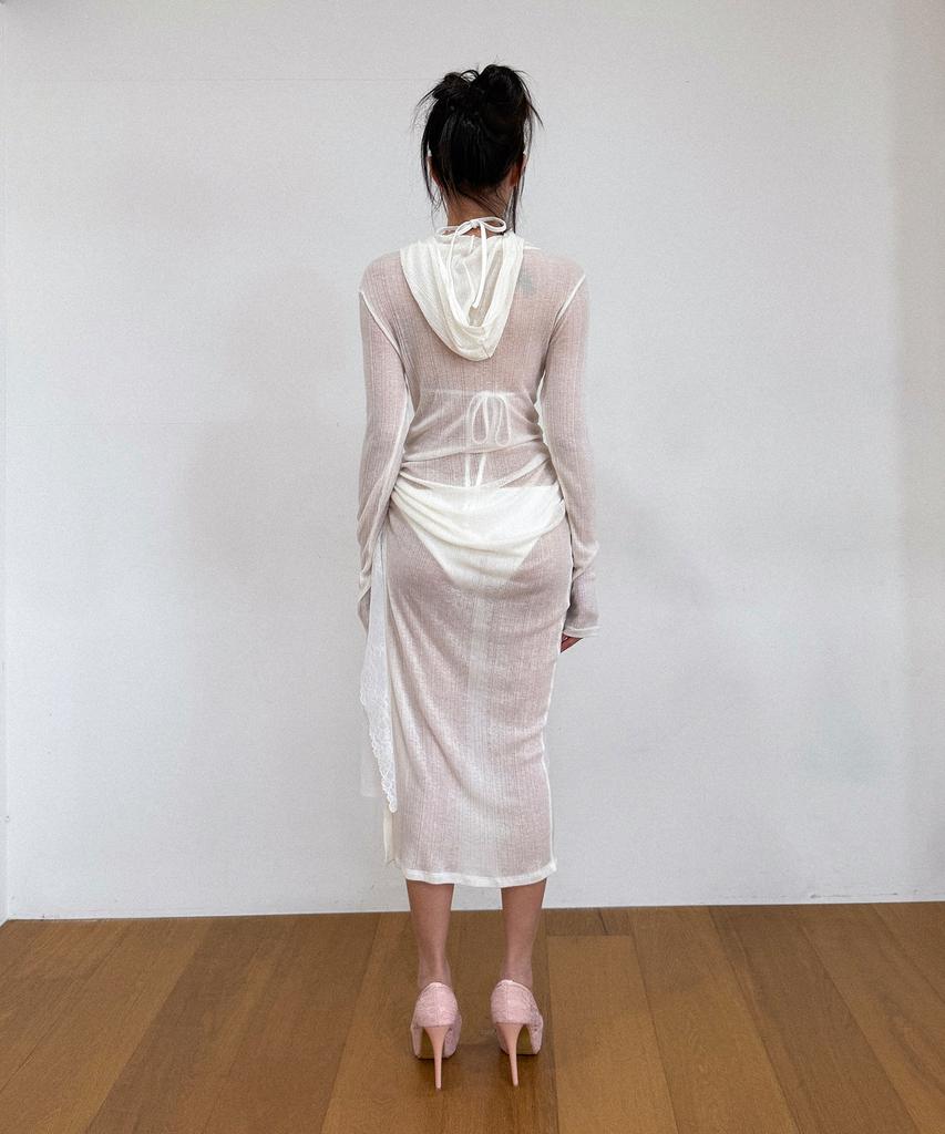 VINAJ Lace Shirring Mix Hooded See-Through Dress (White)