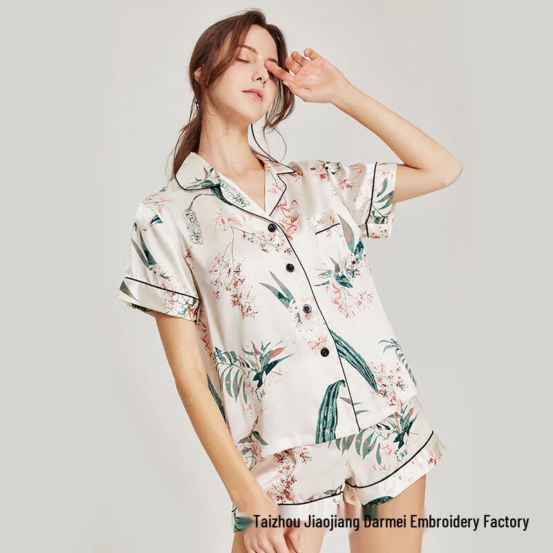 Shanmuer Women s Classic Silk Pajama Set - 100% Mulberry Silk, Short Sleeve Two-Piece Homewear L