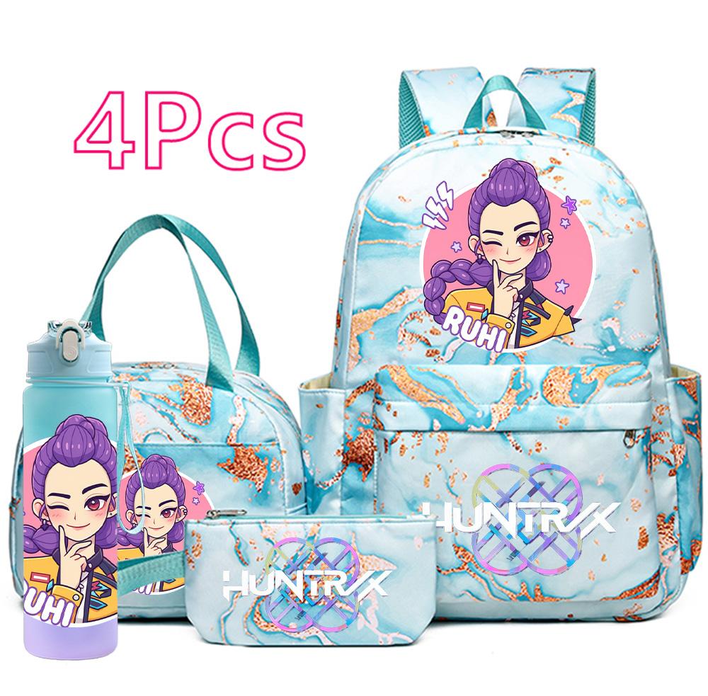 4Pcs/set Cartoon K-Pop Printed Large Capacity Backpack Handbag Pencil Case with 750Ml Water Bottler for Teenager Boy Girl Schoolbag Bookbag Kid Gift