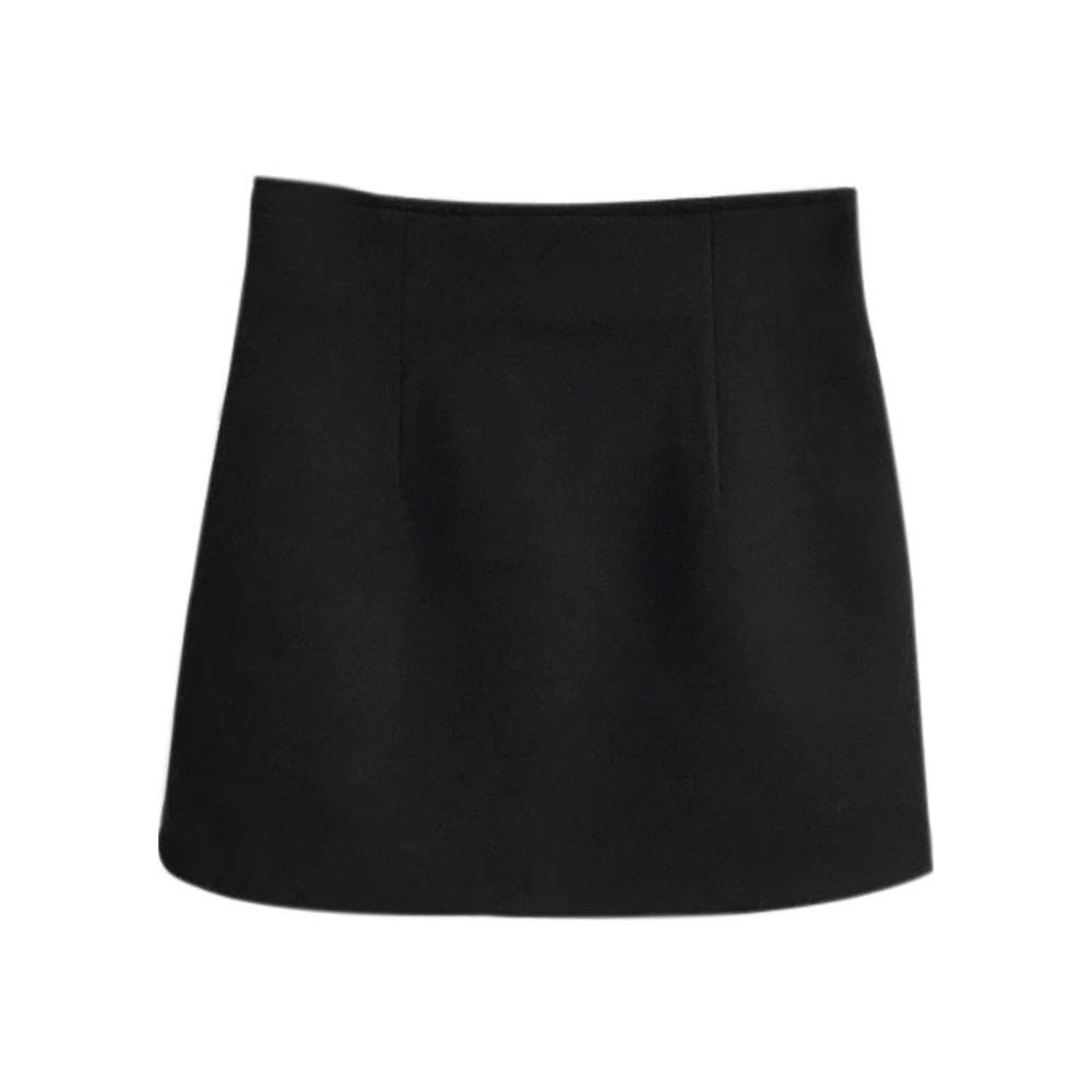 Women's Black Wool Midi Skirt - High Waist, Bodycon A-line for Autumn/Winter 2025
