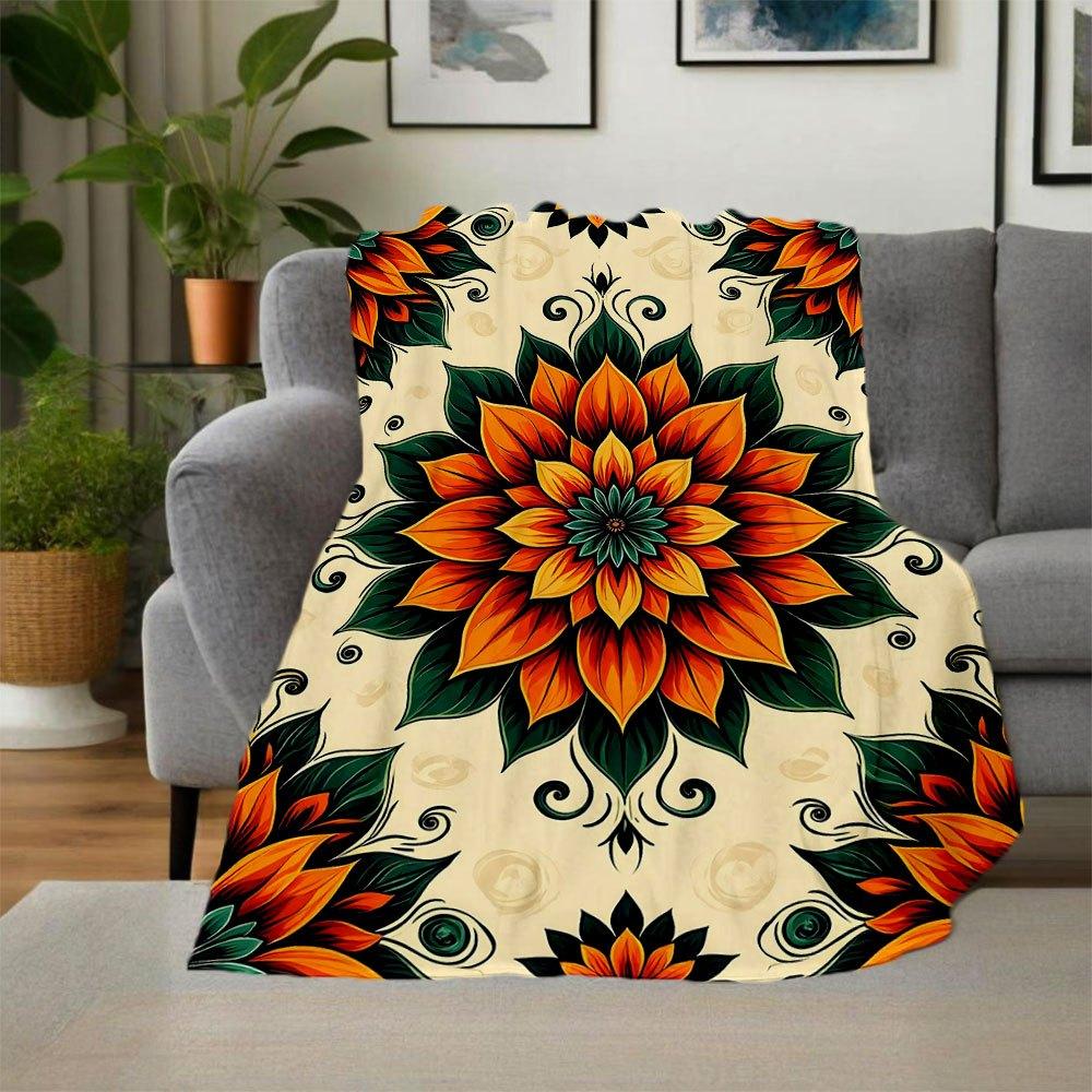 "Bohemian Floral Tapestry: Vibrant Orange & Green Decorative Wall Hanging"Blanket Flannel Throw Blanket for Sofa, Bed, Travel, Camping, Offi