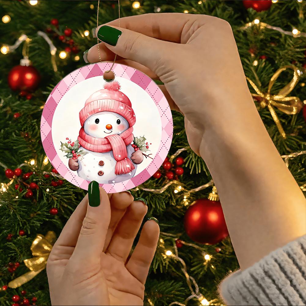 Cute Pink Winter Snowman Plaid Design Acrylic Christmas Tree Ornament Festive Holiday Home Decor Xmas Tree Hanging Pendant New Year Party Decoration