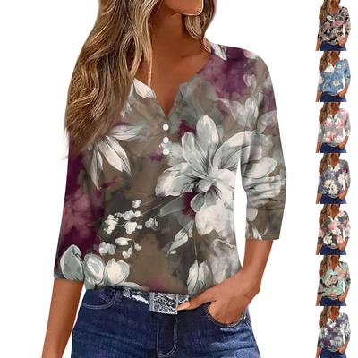 Damenmode Lässiges T-Shirt mit Blumendruck, V-Ausschnitt, dekorativen Knöpfen und Dreiviertelärmeln