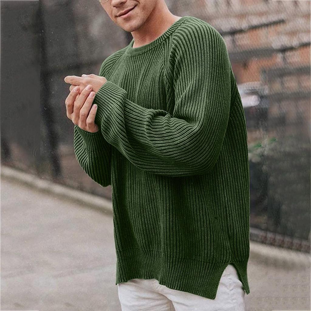 Herren einfarbiger langärmliger Rundhals-Pullover, Strickpullover, Herren Streifenpullover