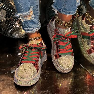 Full Diamond Thick Baseplate Shoes Women's Spring New Color Matching Embroidery Two-color Lace-up Casual Sports Shoes