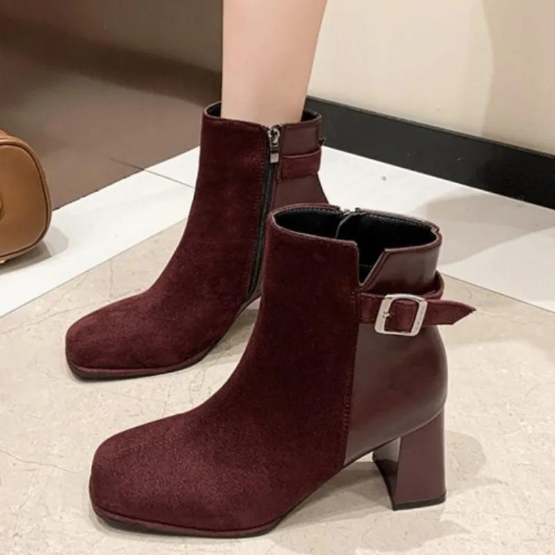 Fashion Winter New Thick Heel Cotton Boots Women's Fashion Square Head Suede Splicing Side Zipper Metal Buckle Non-slip Short Boots