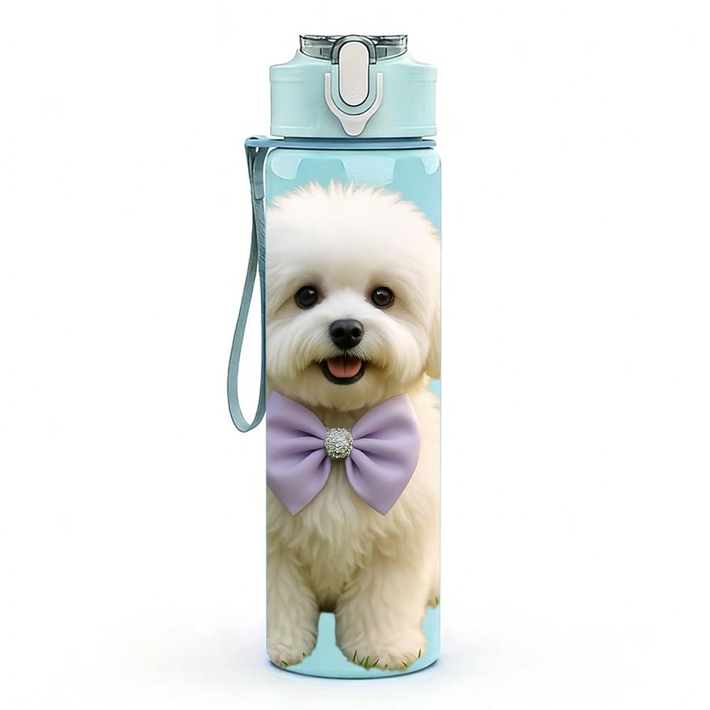 1PC White Poodle Puppy Print 750ml Color Plastic Sports Water Bottle Leakproof Flip Straw Lid Suitable for Sports Office Home Use