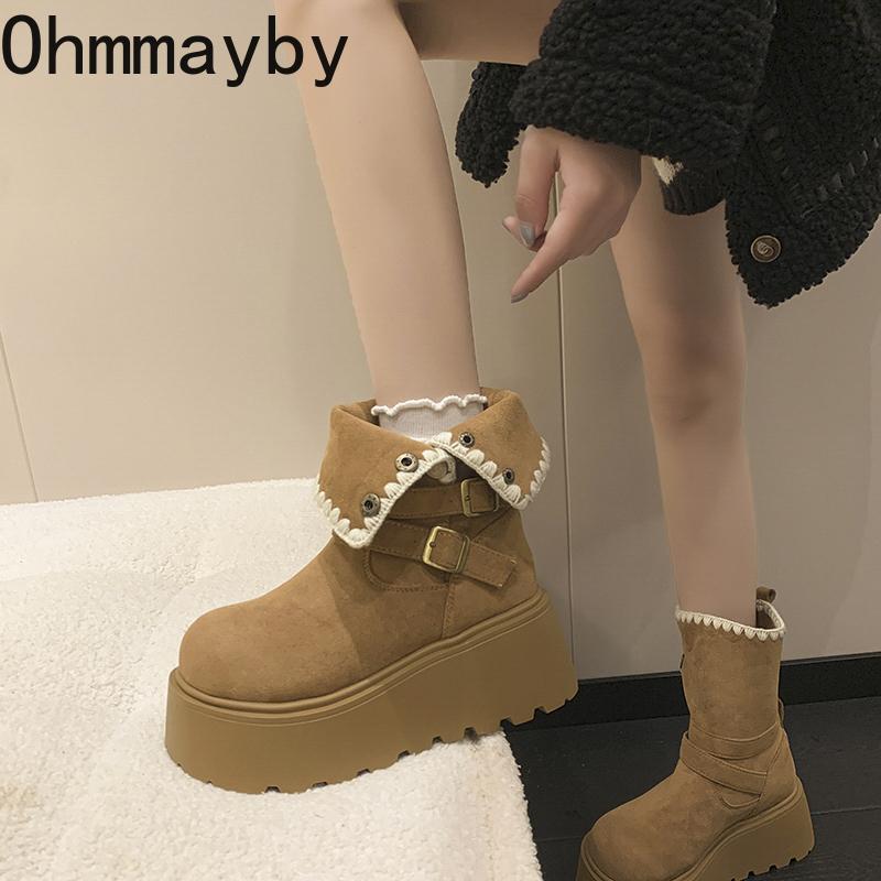 Winter Fashion Chunky Women Ankle Boots Height Increase Women's Short Plush Shoes Female Belt Buckle Platform Short Booties