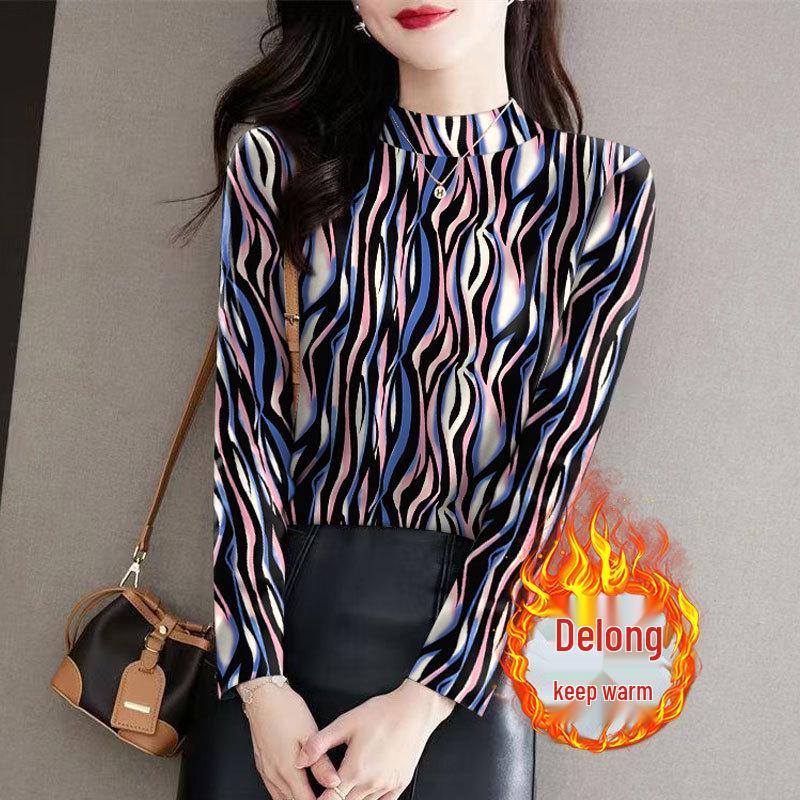 Women s Ribbed Fleece Base Layer: Half-High Neck, Long Sleeve, Floral Print – Elegant, Slimming Top for Autumn and Winter L: 90-105 lbs