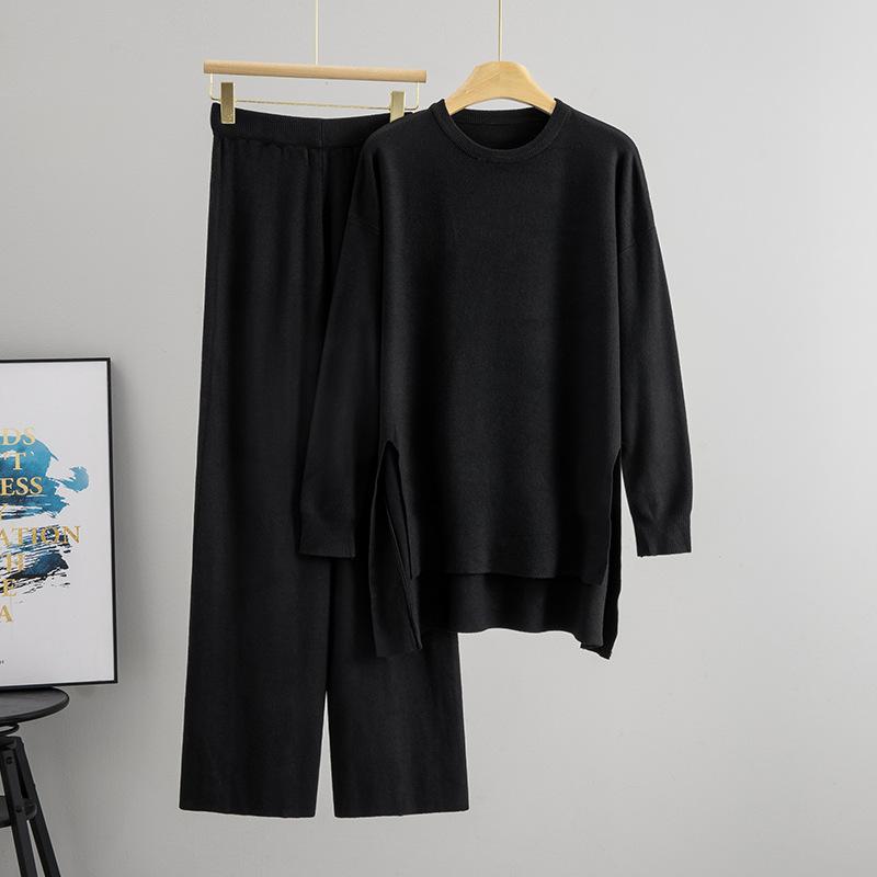 

Ленивый комплект свитера с круглым вырезом Осень и Зима Женский свитер с разрезом Свободный Повседневный Вязаный комплект из двух частей one size чёрный