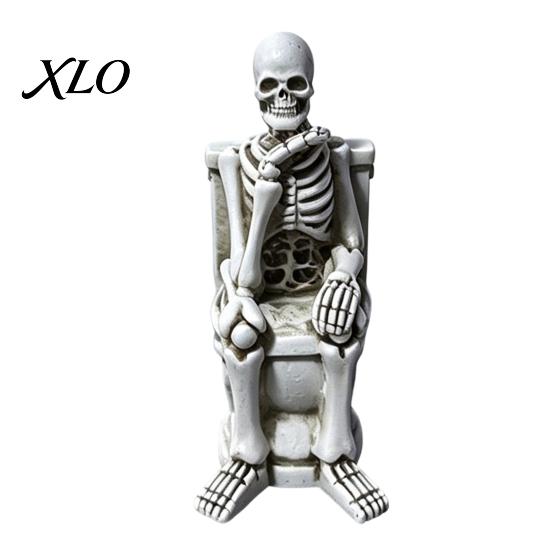 Creepy Home Accents Skeleton on Toilet Figurine, Funny Gothic Bathroom Statue, Spooky Figurines Halloween Resin Ornament for Office Shelf Desk Decor
