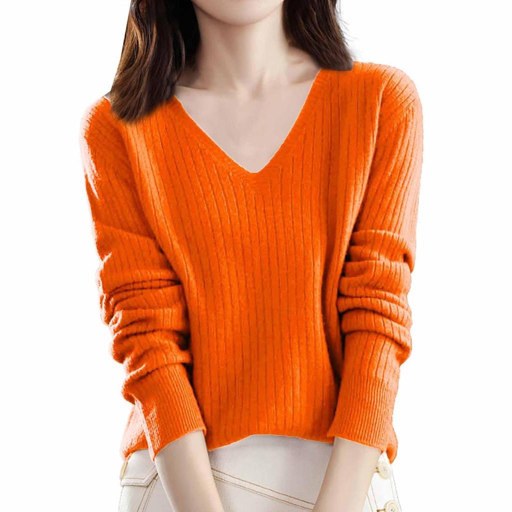 Damenmode Locker Gestrickter Pullover Unterhemd V-Ausschnitt Pullover Langarm Einfarbiges Oberteil