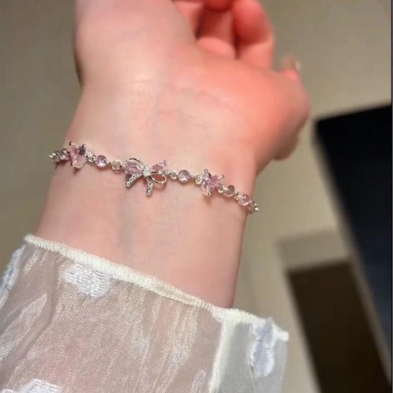 Luxury Shiny Adjustable Zircon Bracelet Micro-Inlaid Zircon Crystal Bow Bracelet Elegant Hand Chain Daily розовый