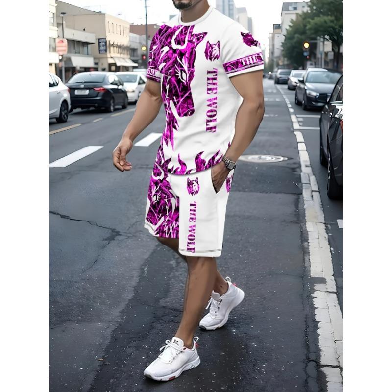 

Summer men s wolf pattern casual round neck short-sleeved T-shirt shorts 2-piece set, suitable for outdoor activities XL